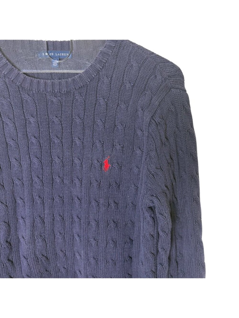 Ralph Lauren Womens Cable Knit Cotton Sweater Large Blue With Red Pony Logo